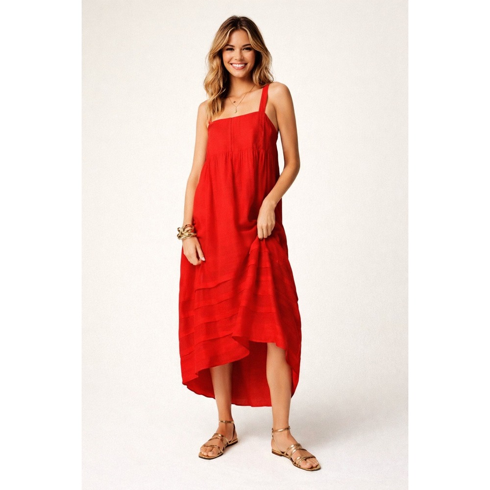 NWOT J.Crew Pintuck Maxi Summer Dress Drapey Red Orange Square Neck L New
